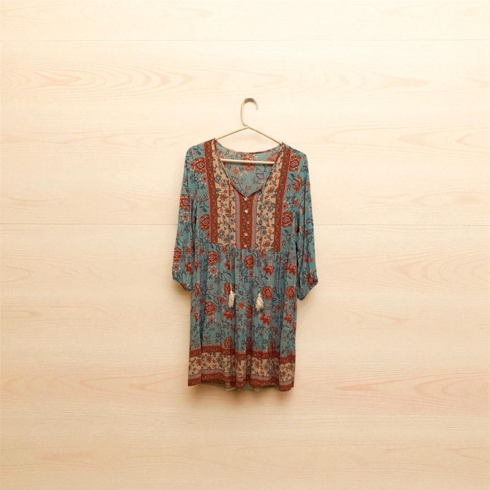 Bohemian Floral Long Sleeve Dress in Blue and Red